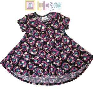 LuLaRoe Girls Patterned Swing Dress Size 2 geometric black purple floral casual